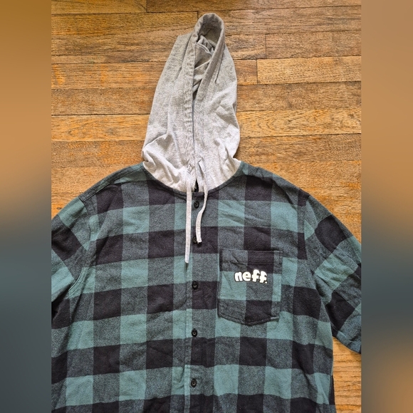 NEFF Men's Flannel Hooded Button Up Long Sleeve Green/Black - Small - Picture 2 of 6